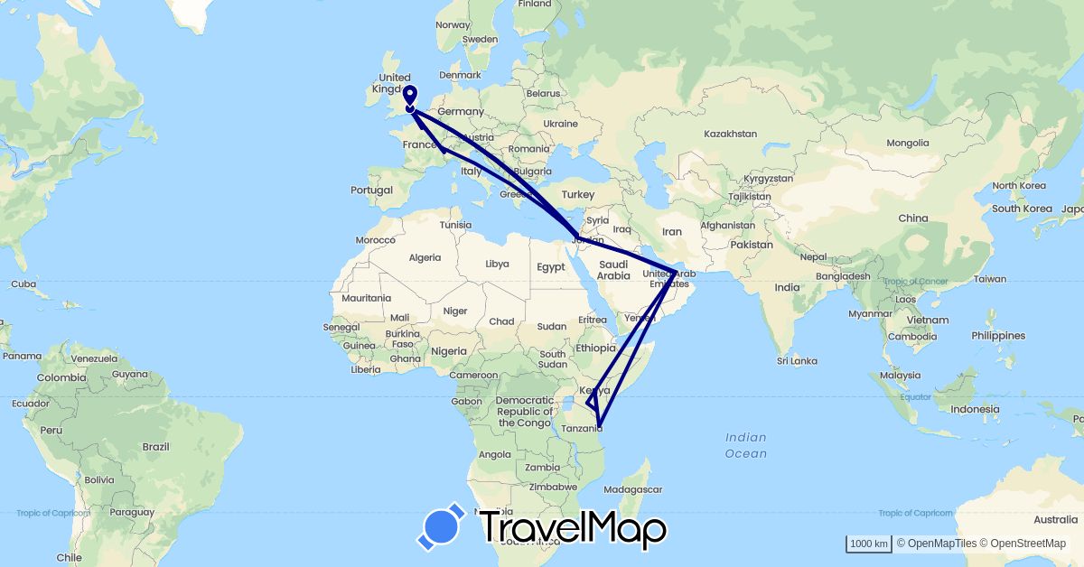 TravelMap itinerary: driving in United Arab Emirates, Switzerland, France, United Kingdom, Israel, Kenya, Tanzania (Africa, Asia, Europe)